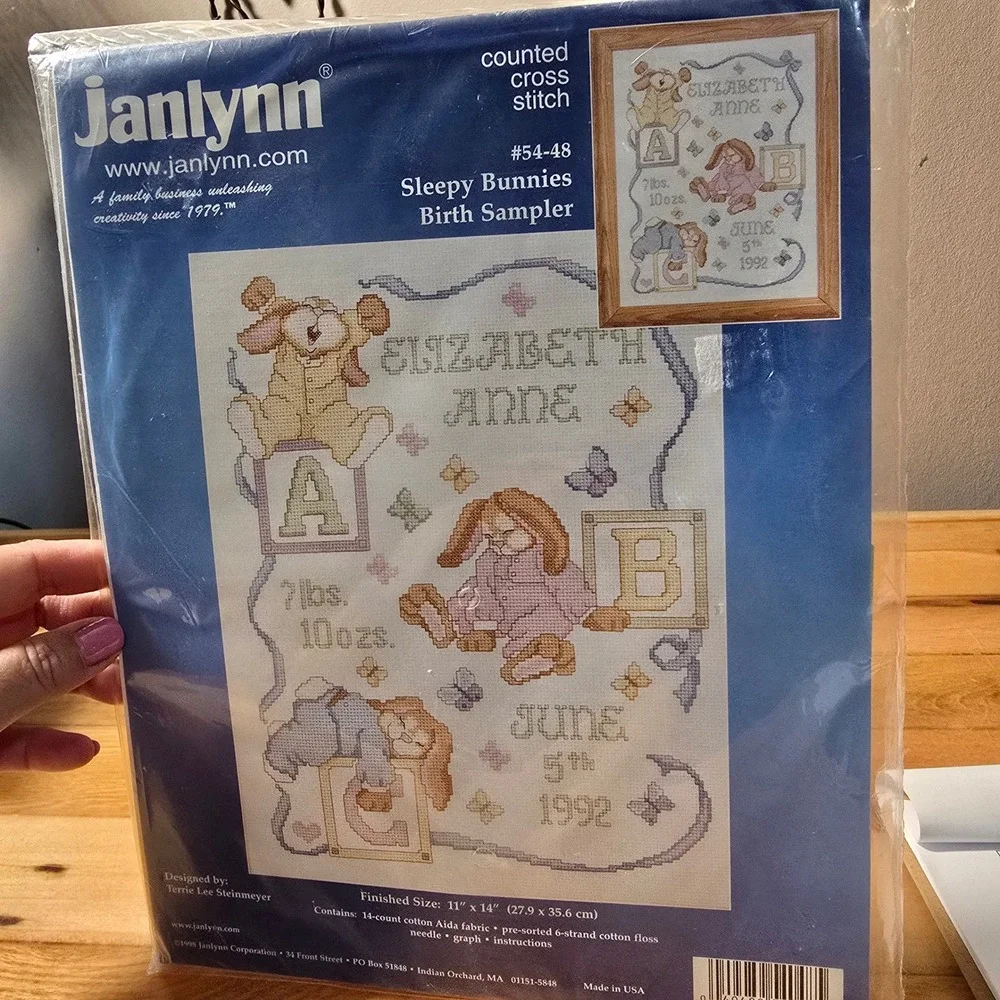Janlynn Sleepy Bunnies Birth Sampler Counted Cross Stitch Kit 54-48 Vintage 1998